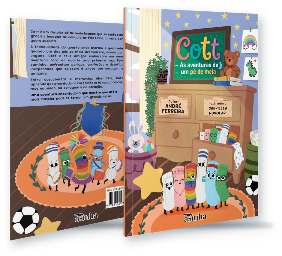 Livro Cott: capa e contracapa ilustradas com a turma de meias
