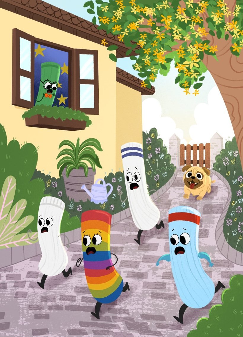 Ilustração: meias correm assustadas pelo caminho do quintal enquanto um cachorrinho vem atrás; outra meia observa da janela